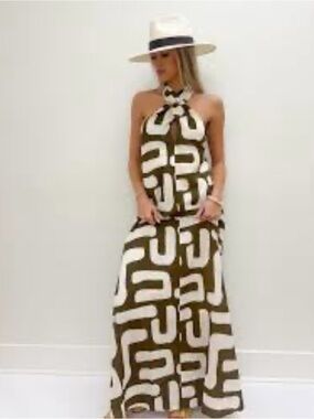 CROSBY by Mollie Burch XS Green White Halter Maxi Dress Orig $298 Exc Cond